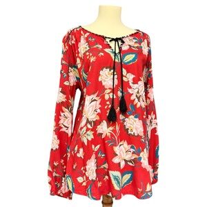 Feathers by Tolani Red Floral Boho Tunic Blouse Size Large